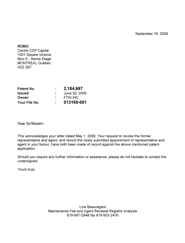 Document de brevet canadien 2184667. Correspondance 20080916. Image 1 de 1