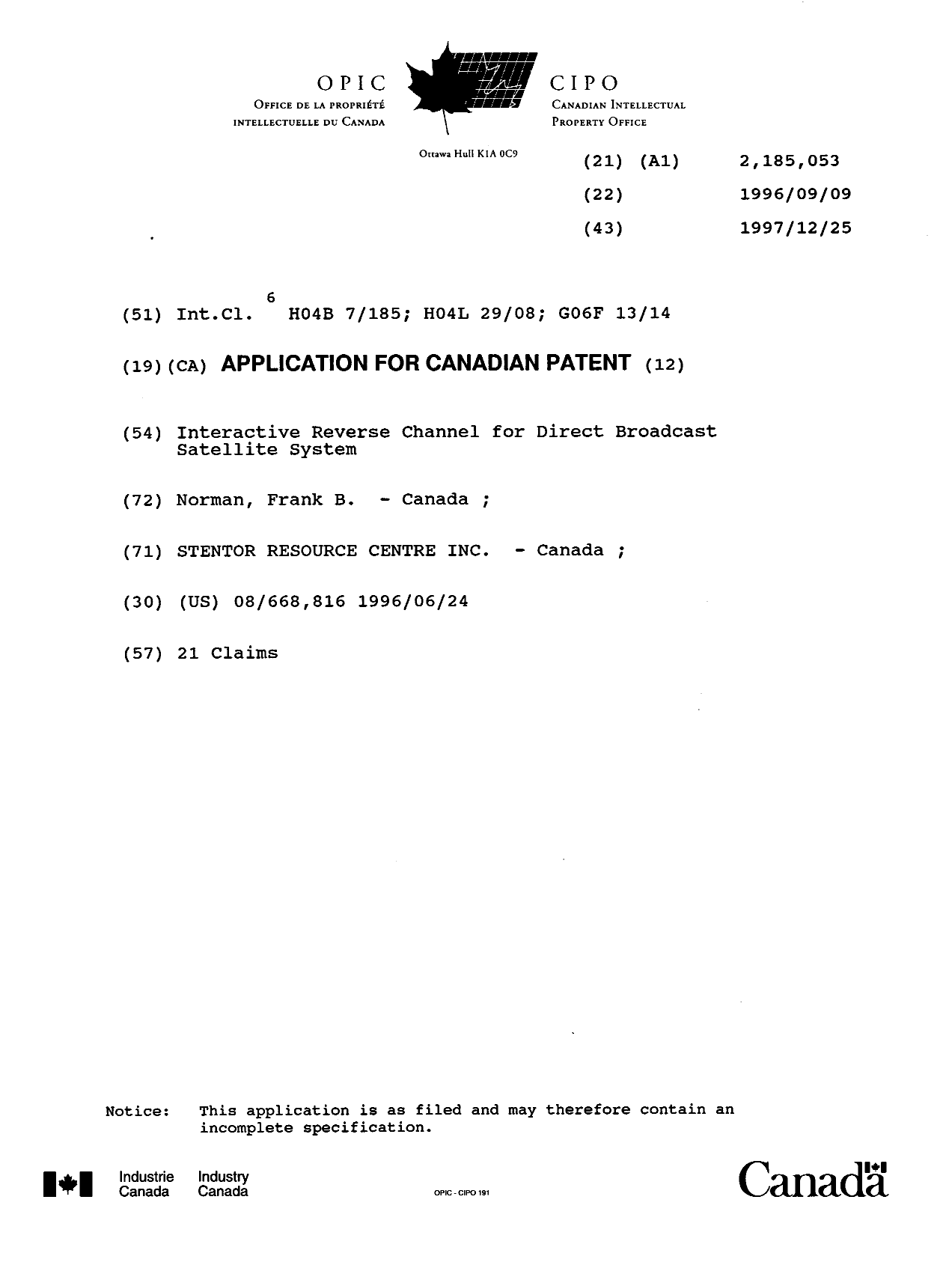 Document de brevet canadien 2185053. Page couverture 19951217. Image 1 de 1