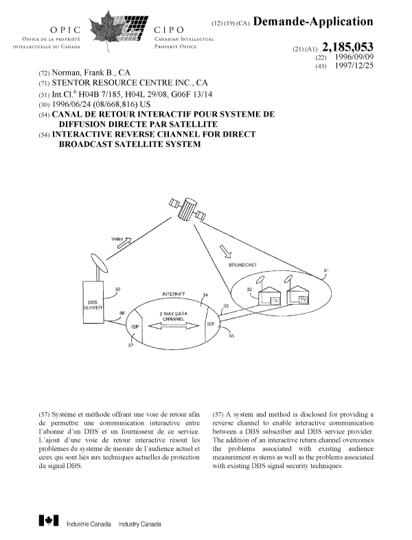 Canadian Patent Document 2185053. Cover Page 19981221. Image 1 of 1