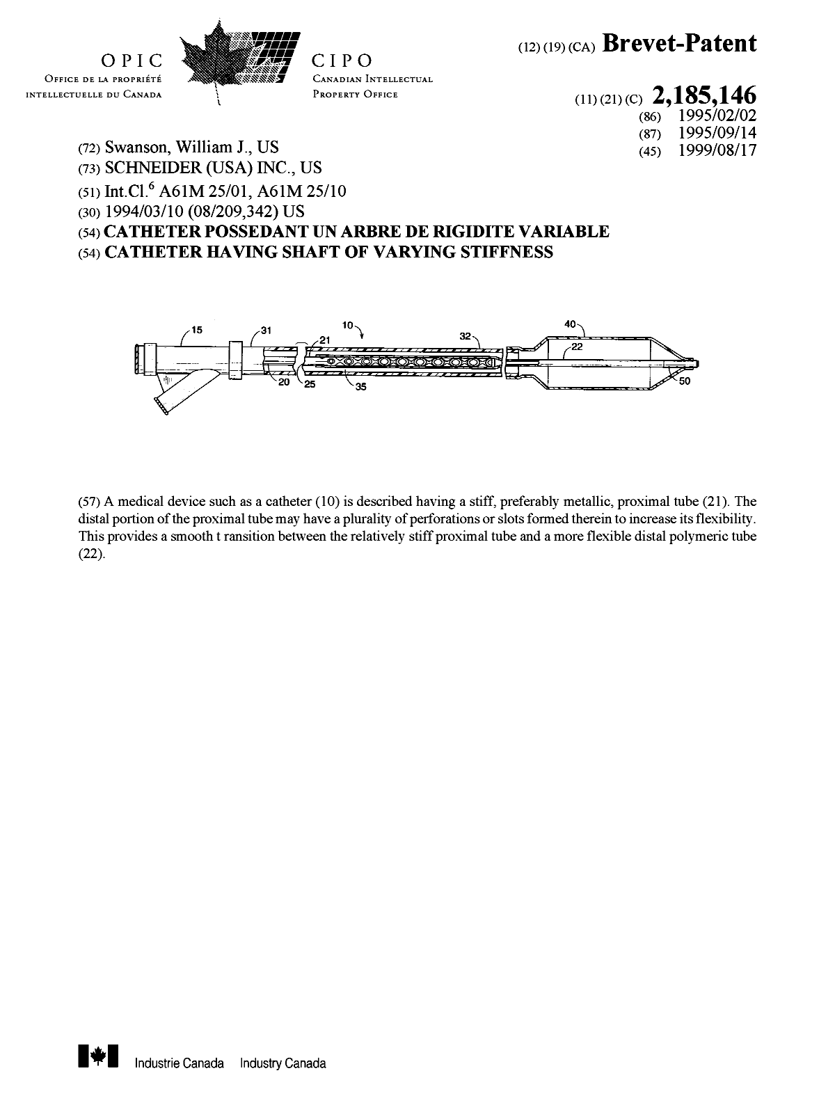 Canadian Patent Document 2185146. Cover Page 19990810. Image 1 of 1