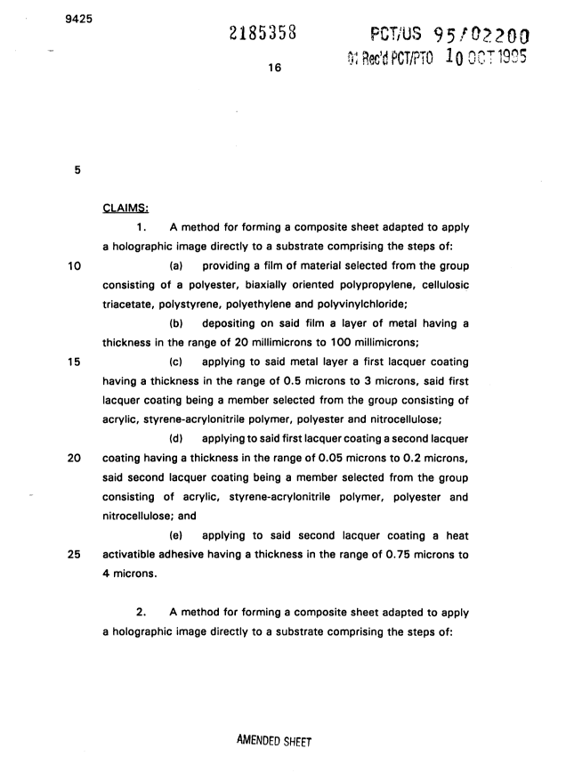Document de brevet canadien 2185358. Revendications 19990217. Image 1 de 14