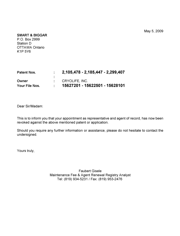 Canadian Patent Document 2185447. Correspondence 20090505. Image 1 of 1