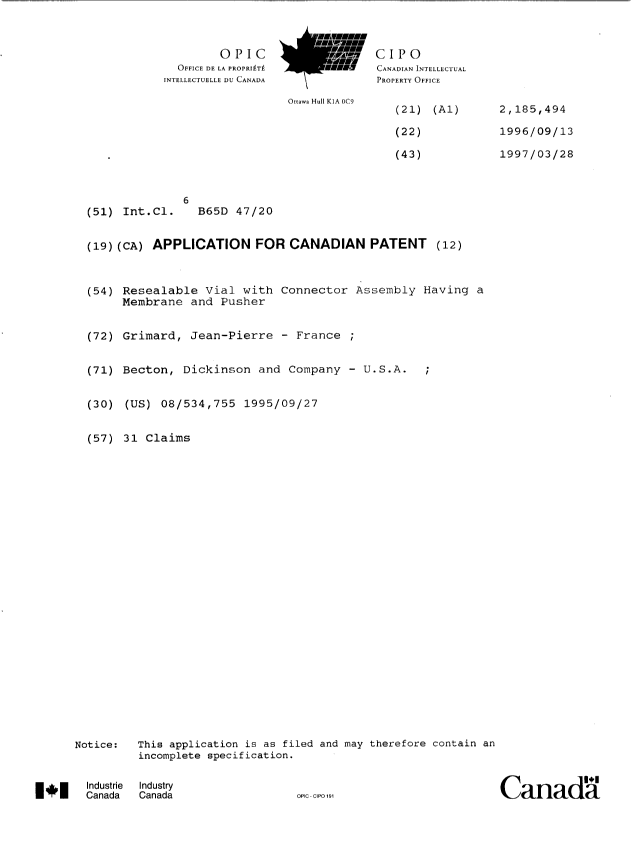 Document de brevet canadien 2185494. Page couverture 19970113. Image 1 de 1