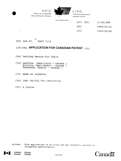 Canadian Patent Document 2185586. Cover Page 19941222. Image 1 of 1