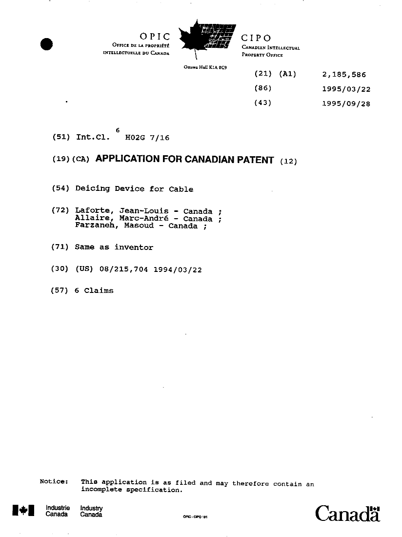 Document de brevet canadien 2185586. Page couverture 19941222. Image 1 de 1