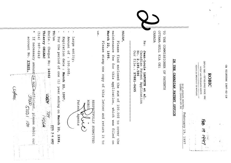 Document de brevet canadien 2185586. Taxes 19961219. Image 1 de 1