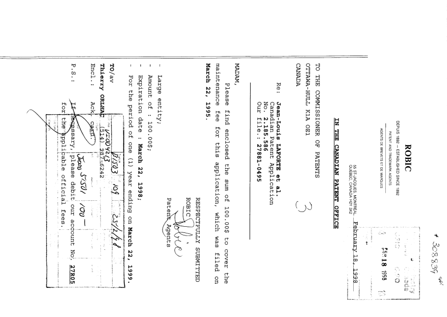 Document de brevet canadien 2185586. Taxes 19971218. Image 1 de 1