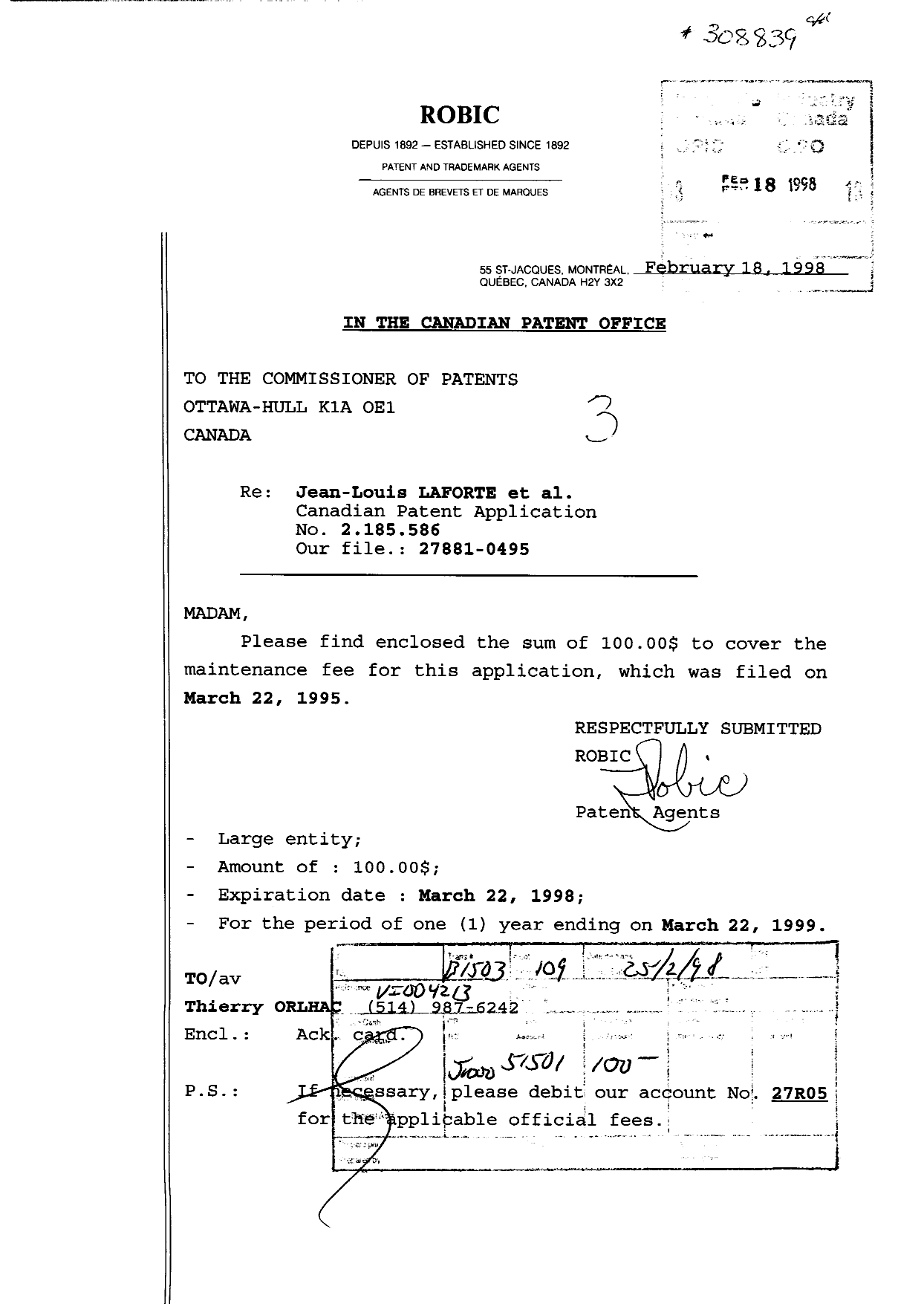 Document de brevet canadien 2185586. Taxes 19971218. Image 1 de 1