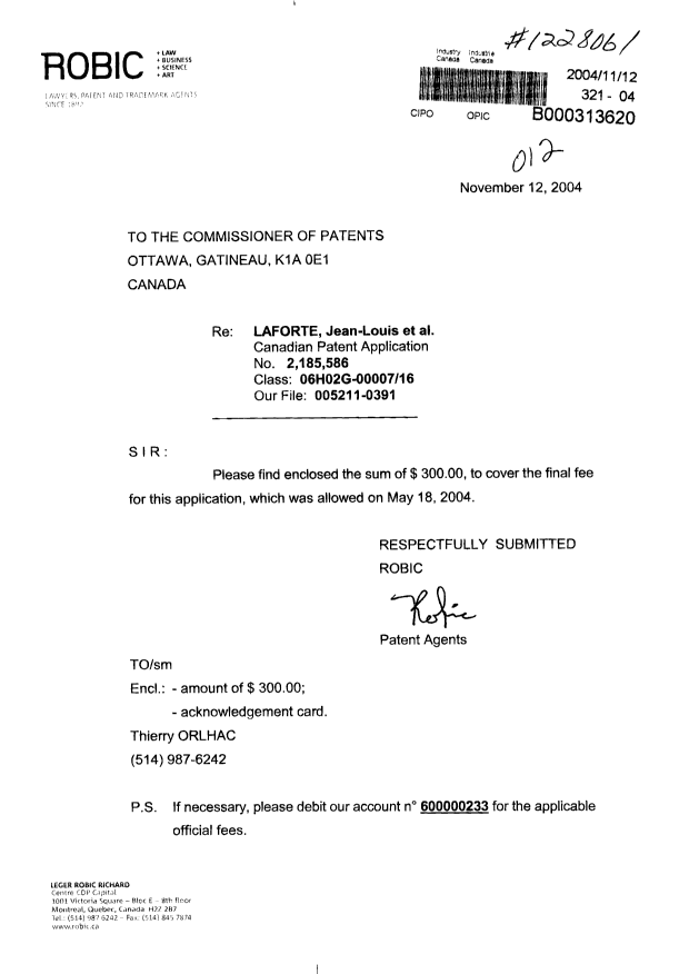 Document de brevet canadien 2185586. Correspondance 20031212. Image 1 de 1