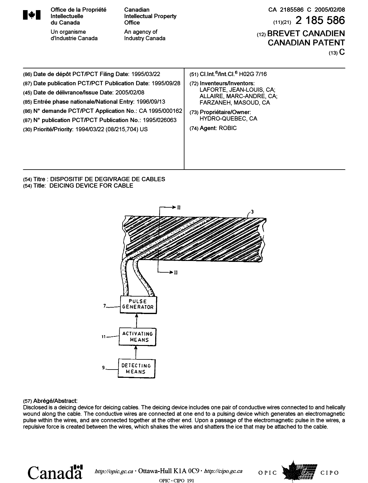Document de brevet canadien 2185586. Page couverture 20041213. Image 1 de 1