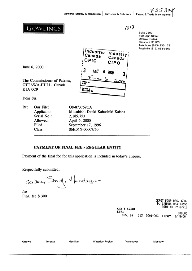 Canadian Patent Document 2185753. Correspondence 20000606. Image 1 of 1