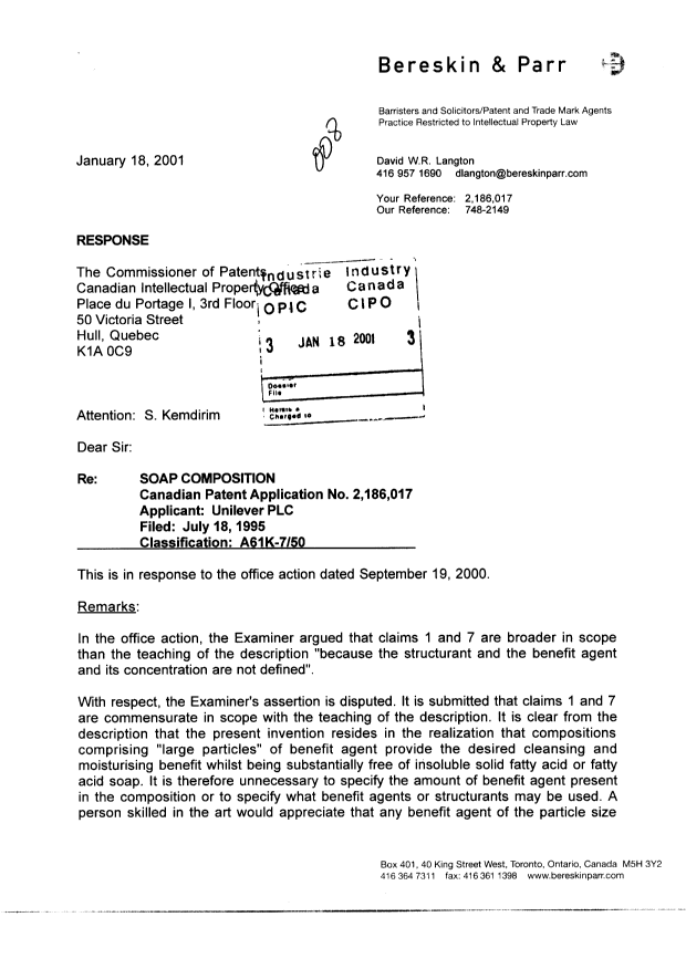 Canadian Patent Document 2186017. Prosecution-Amendment 20001218. Image 1 of 5