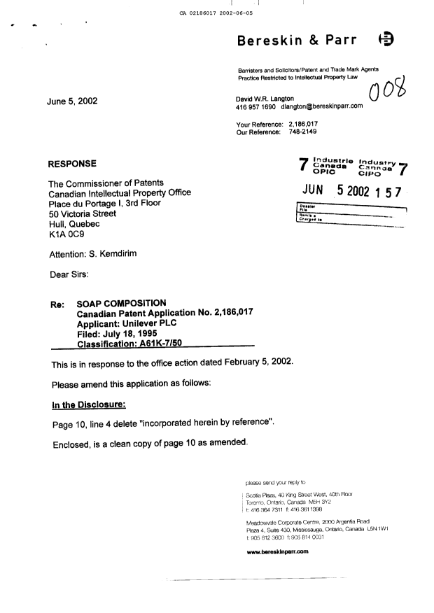 Canadian Patent Document 2186017. Prosecution-Amendment 20011205. Image 1 of 4