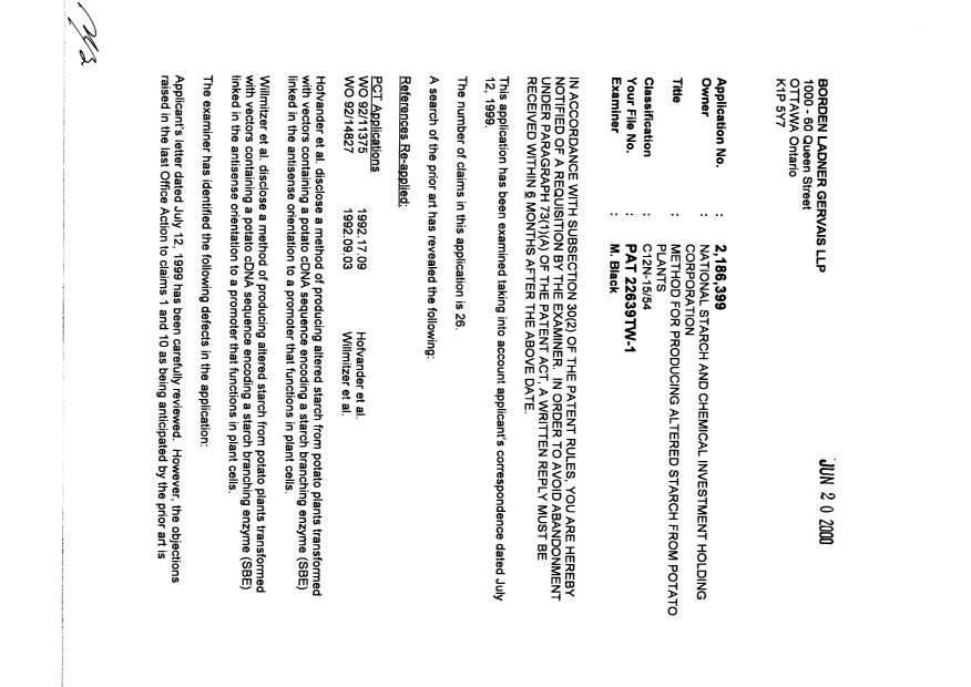 Canadian Patent Document 2186399. Prosecution-Amendment 20000620. Image 1 of 3