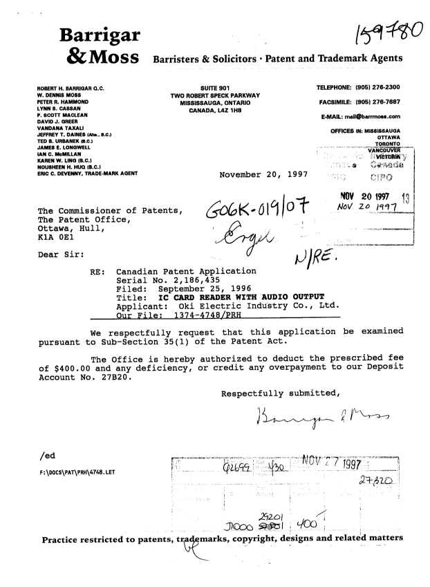 Document de brevet canadien 2186435. Poursuite-Amendment 19971120. Image 1 de 1