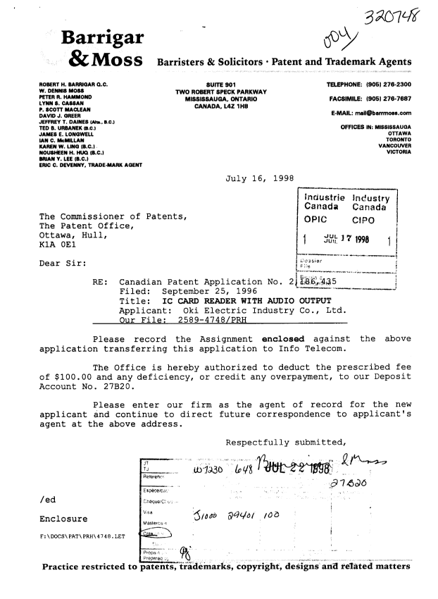 Document de brevet canadien 2186435. Cession 19980717. Image 1 de 3