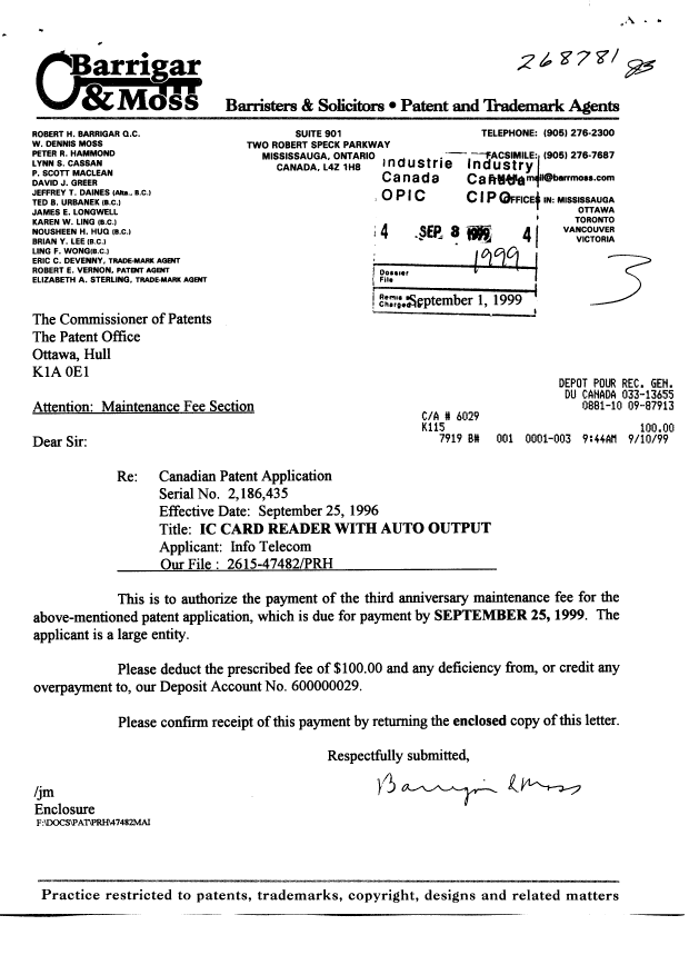 Document de brevet canadien 2186435. Taxes 19990903. Image 1 de 1