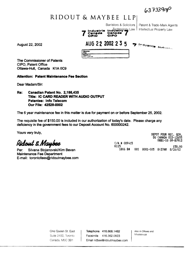 Document de brevet canadien 2186435. Taxes 20020822. Image 1 de 1