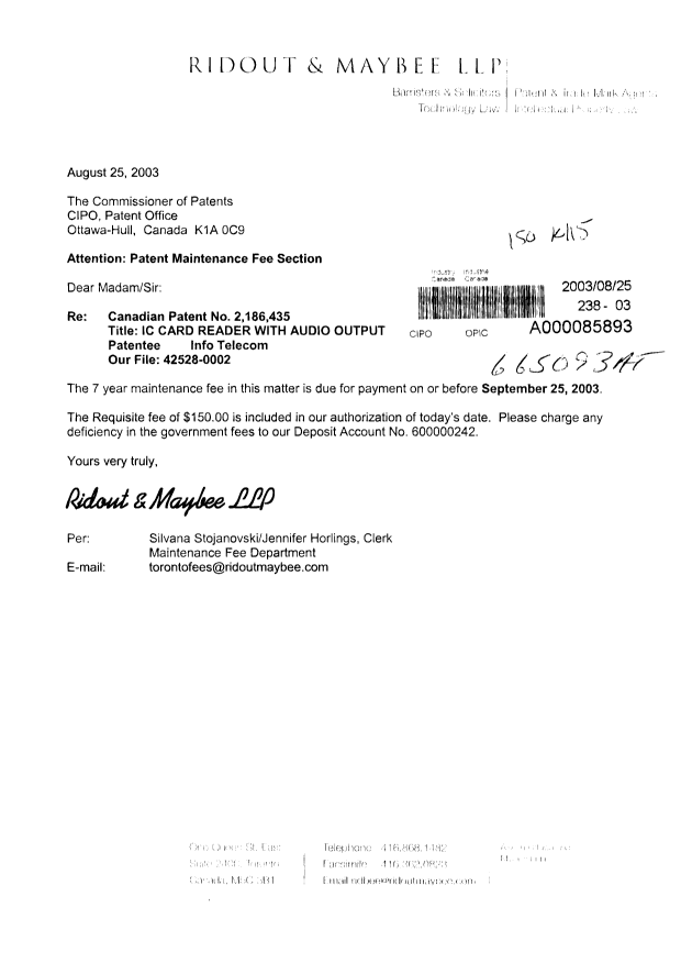 Document de brevet canadien 2186435. Taxes 20030825. Image 1 de 1