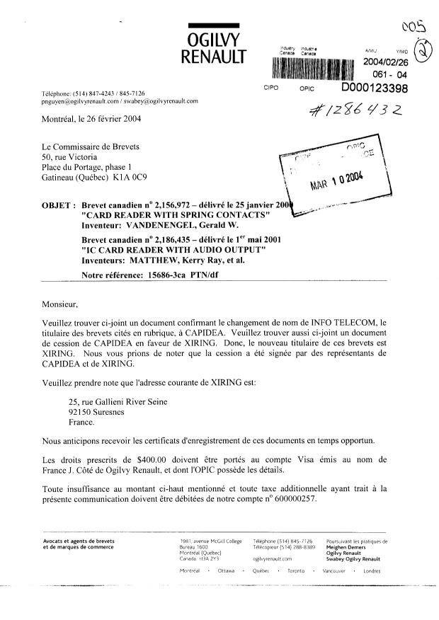 Document de brevet canadien 2186435. Cession 20040226. Image 1 de 18