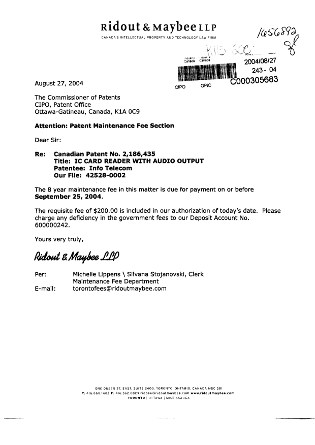 Document de brevet canadien 2186435. Taxes 20040827. Image 1 de 1