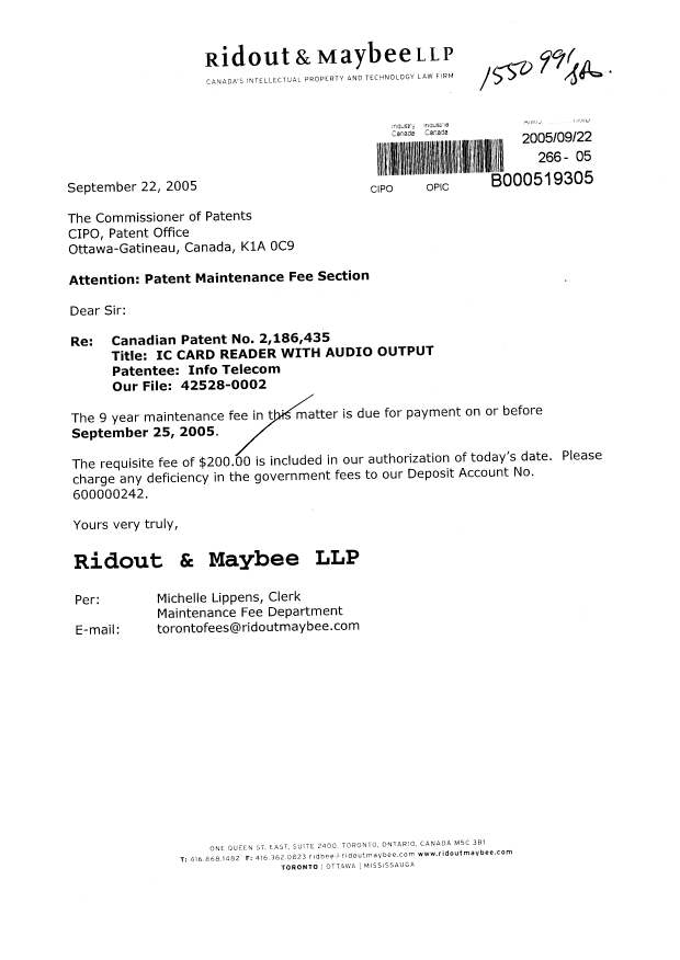 Document de brevet canadien 2186435. Taxes 20050922. Image 1 de 1