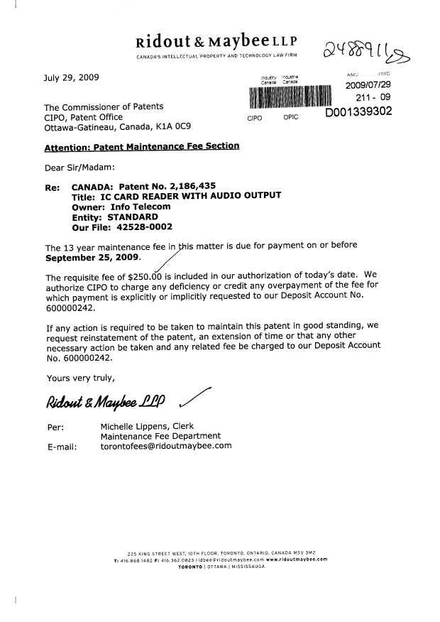 Document de brevet canadien 2186435. Taxes 20090729. Image 1 de 1