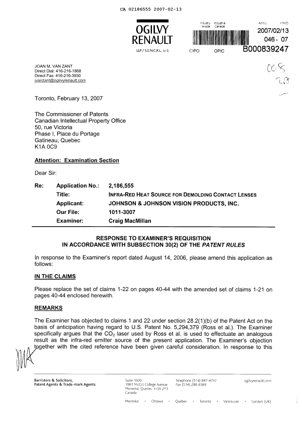Canadian Patent Document 2186555. Prosecution-Amendment 20070213. Image 1 of 7