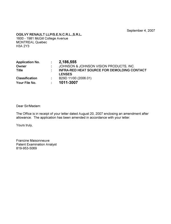 Document de brevet canadien 2186555. Correspondance 20070820. Image 1 de 1