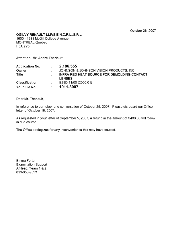 Canadian Patent Document 2186555. Correspondence 20071026. Image 1 of 1
