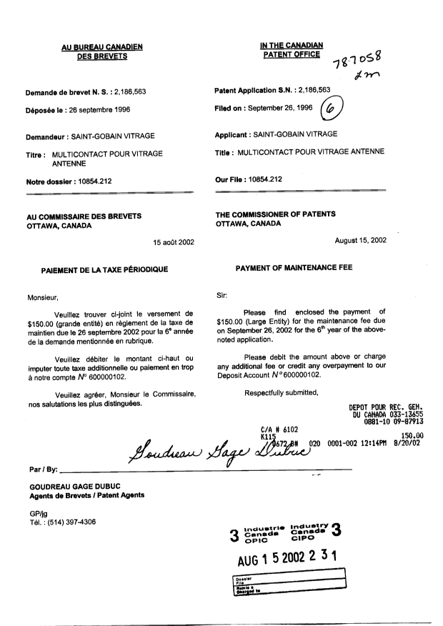 Document de brevet canadien 2186563. Taxes 20020815. Image 1 de 1