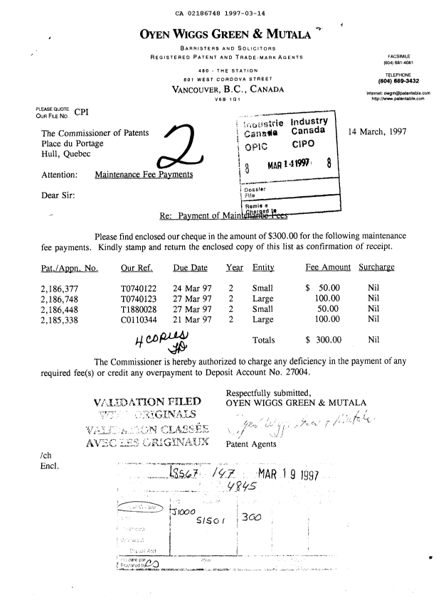 Canadian Patent Document 2186748. Fees 19961214. Image 1 of 1