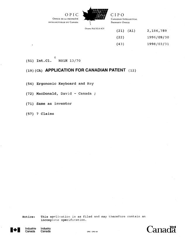 Canadian Patent Document 2186789. Cover Page 19951230. Image 1 of 1