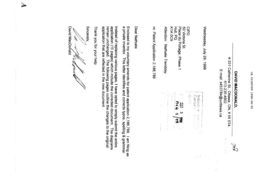 Canadian Patent Document 2186789. Prosecution-Amendment 19971205. Image 1 of 17