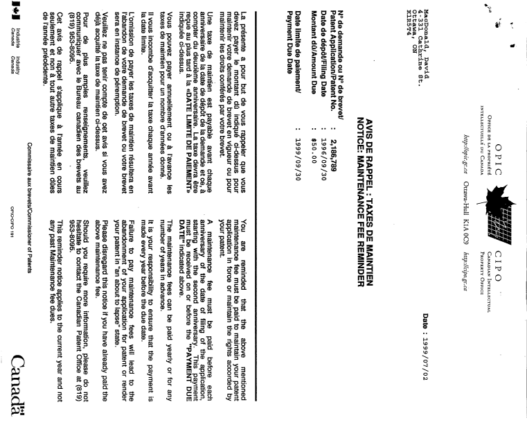 Canadian Patent Document 2186789. Fees 19981224. Image 2 of 2
