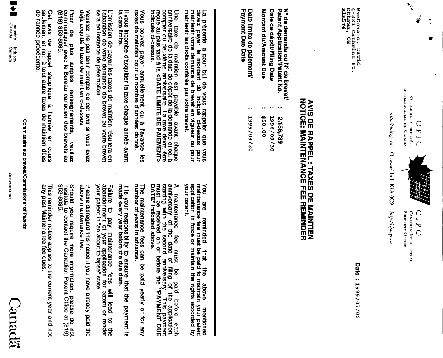 Canadian Patent Document 2186789. Fees 19981224. Image 2 of 2