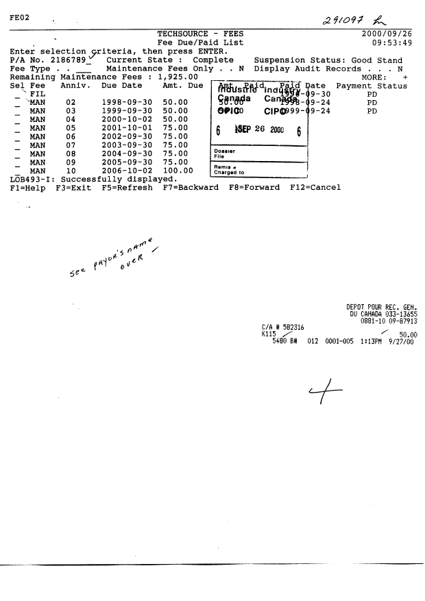Document de brevet canadien 2186789. Taxes 19991226. Image 1 de 2