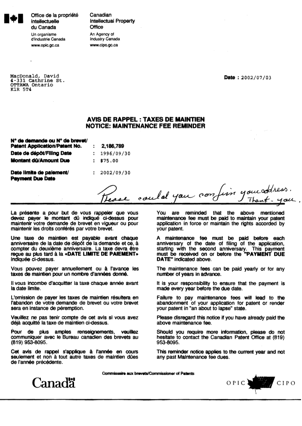 Canadian Patent Document 2186789. Correspondence 20011203. Image 1 of 1