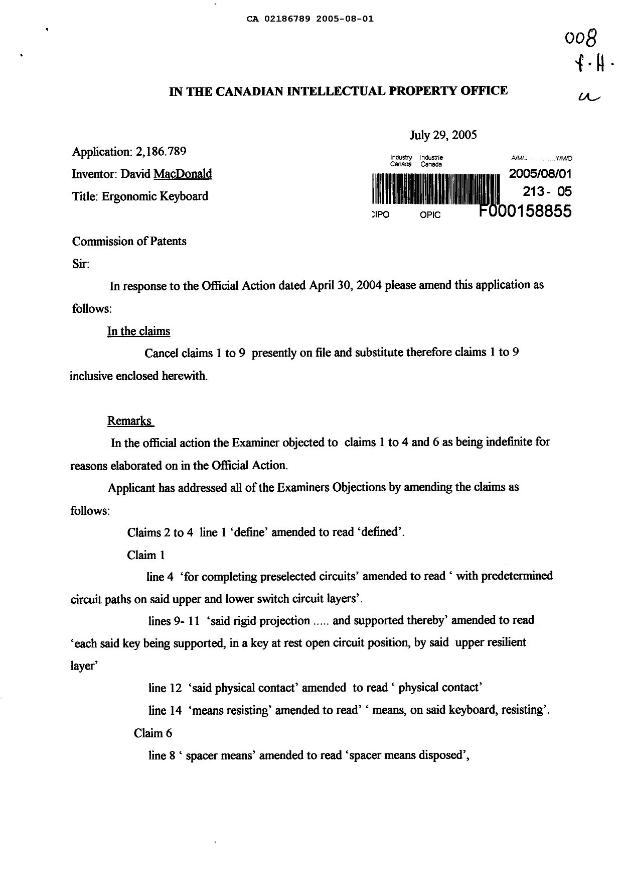 Canadian Patent Document 2186789. Prosecution-Amendment 20041201. Image 1 of 8