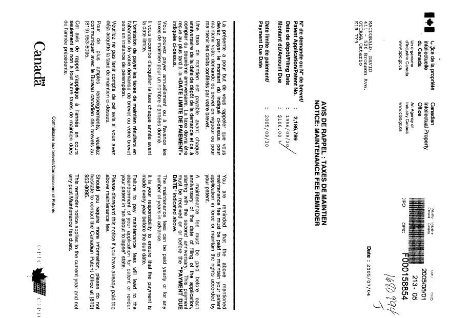 Document de brevet canadien 2186789. Taxes 20050801. Image 1 de 1