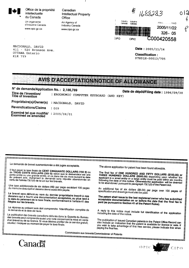 Document de brevet canadien 2186789. Correspondance 20051122. Image 1 de 1