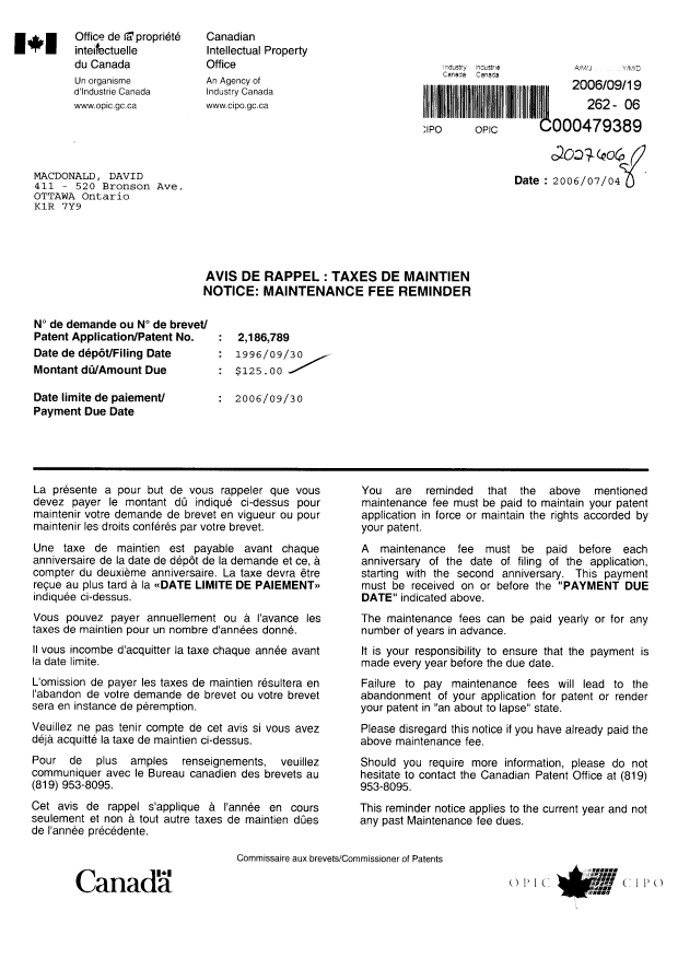 Document de brevet canadien 2186789. Taxes 20051219. Image 1 de 1
