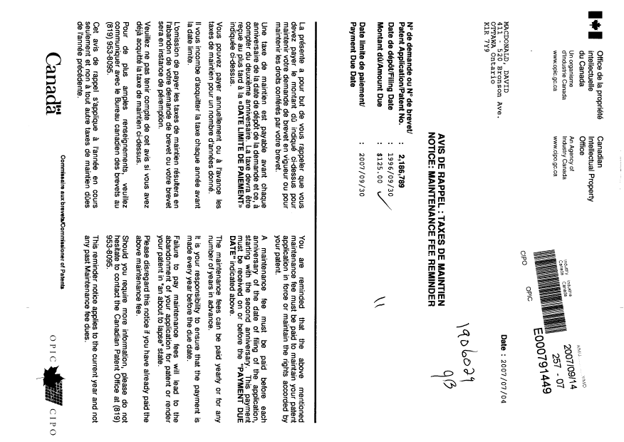 Canadian Patent Document 2186789. Fees 20061214. Image 1 of 1