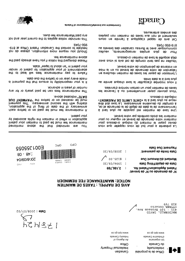Document de brevet canadien 2186789. Taxes 20071204. Image 1 de 1