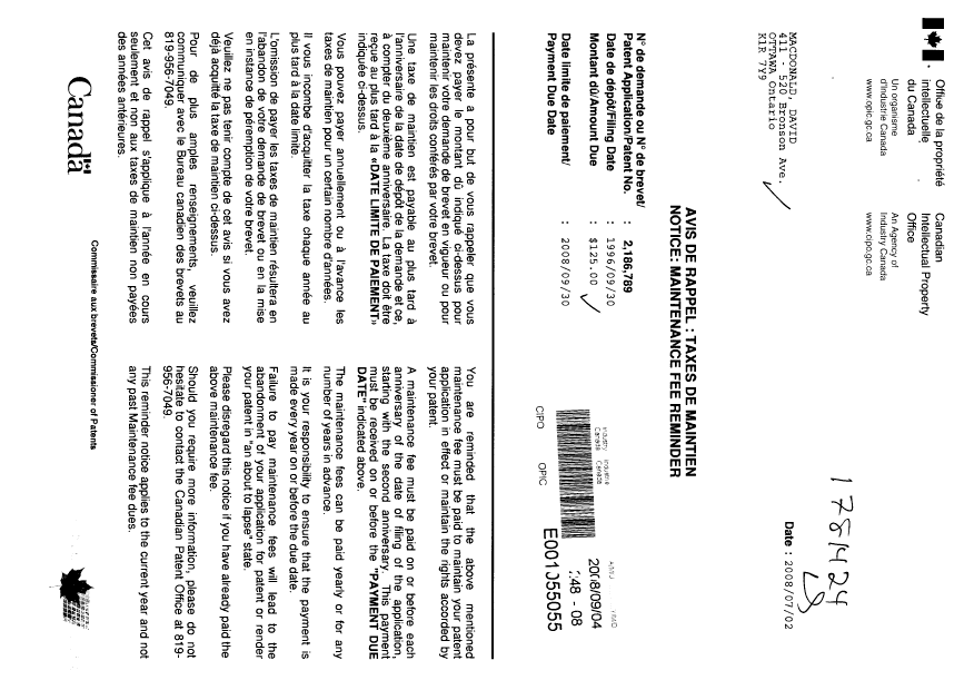 Document de brevet canadien 2186789. Taxes 20071204. Image 1 de 1