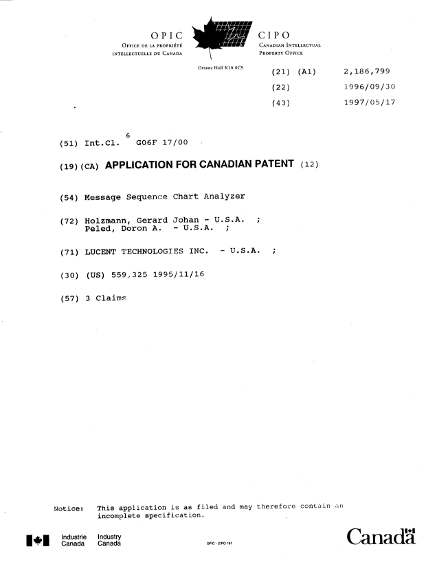 Canadian Patent Document 2186799. Cover Page 19980708. Image 1 of 1