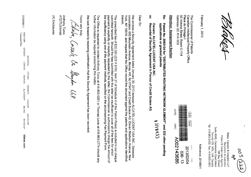Canadian Patent Document 2186799. Assignment 20130204. Image 1 of 20