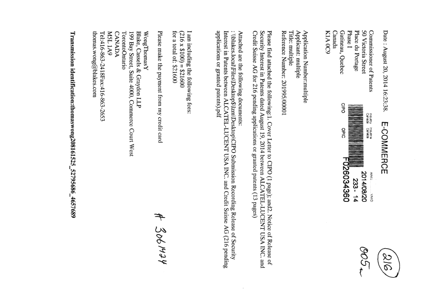 Canadian Patent Document 2186799. Assignment 20140820. Image 1 of 18