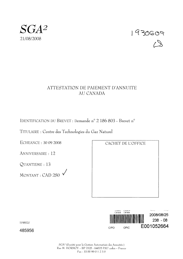 Canadian Patent Document 2186803. Fees 20080825. Image 1 of 1