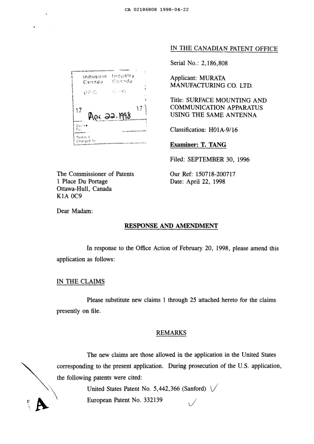Canadian Patent Document 2186808. Prosecution-Amendment 19980422. Image 1 of 3